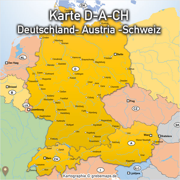 PowerPoint-Karte Deutschland Austria Schweiz D-A-CH mit Bundesländern