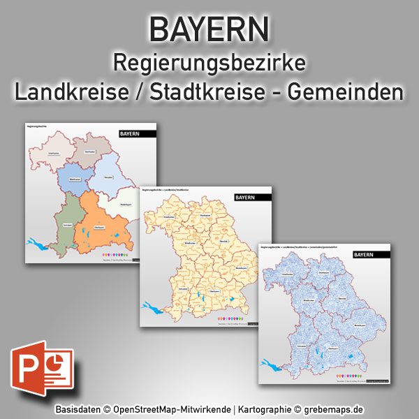 PowerPoint-Karte Bayern Regierungsbezirke Landkreise Gemeinden, PowerPoint-Karte Gemeinden Bayern, PowerPoint-Karte Landkreise Bayern, Karte PowerPoint Gemeinden Bayern, PowerPoint Karte Landkreise Bayern