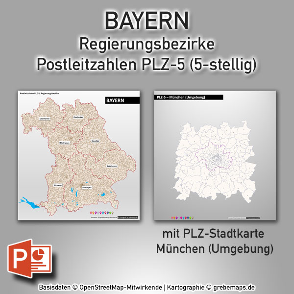 PowerPoint-Karte Bayern Postleitzahlen PLZ-5 (5-stellig) mit München, PowerPoint-Karte Postleitzahlen Bayern, PowerPoint-Karte PLZ Bayern, PowerPoint-Karte Postleitzahlen 5-stellig Bayern, PowerPoint-Karte PLZ-5 Bayern, PLZ-Karte Bayern PowerPoint