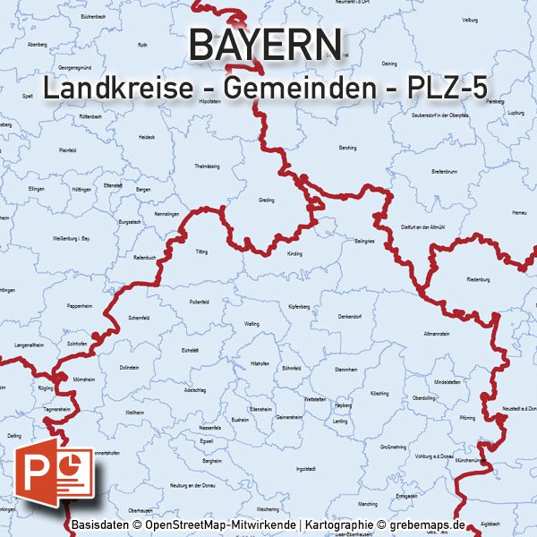 PowerPoint-Karte Bayern Regierungsbezirke Landkreise Gemeinden Postleitzahlen PLZ-5, Karte PLZ Bayern PowerPoint, Karte Landkreise Bayern PowerPoint, Karte Gemeinden Bayern PowerPoint