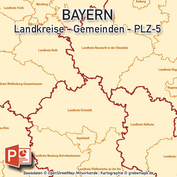 PowerPoint-Karte Bayern Regierungsbezirke Landkreise Gemeinden Postleitzahlen PLZ-5, Karte PLZ Bayern PowerPoint, Karte Landkreise Bayern PowerPoint, Karte Gemeinden Bayern PowerPoint