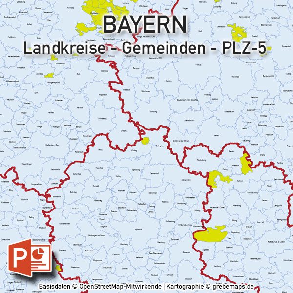 PowerPoint-Karte Bayern Regierungsbezirke Landkreise Gemeinden Postleitzahlen PLZ-5, Karte PLZ Bayern PowerPoint, Karte Landkreise Bayern PowerPoint, Karte Gemeinden Bayern PowerPoint