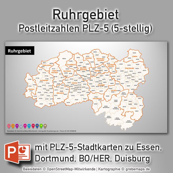 PowerPoint-Karte Ruhrgebiet Postleitzahlen PLZ-5 (PLZ 5-stellig), Karte PowerPoint Ruhrgebiet PLZ, Karte PLZ Ruhrgebiet PowerPoint