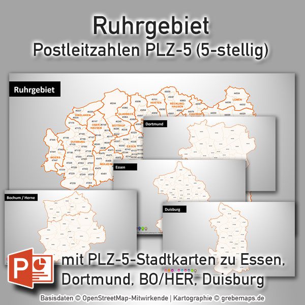 PowerPoint-Karte Ruhrgebiet Postleitzahlen PLZ-5 (PLZ 5-stellig), Karte PowerPoint Ruhrgebiet PLZ, Karte PLZ Ruhrgebiet PowerPoint