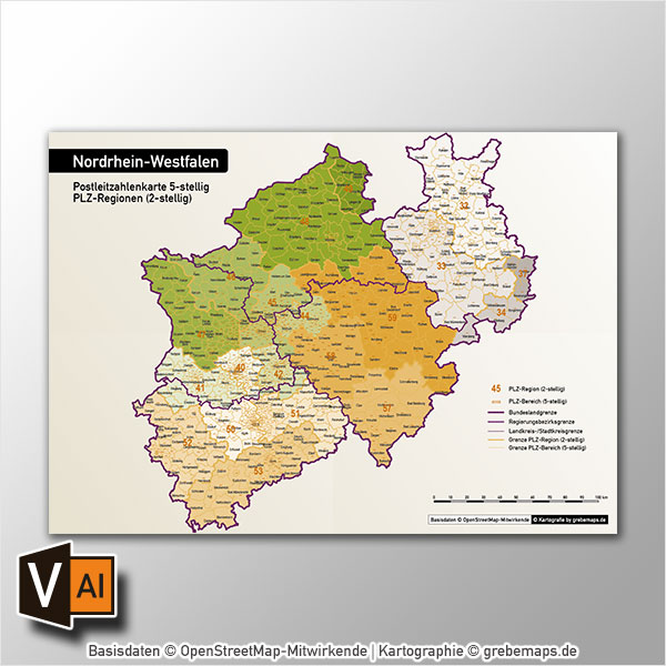 Nordrhein-Westfalen Postleitzahlenkarte 5-stellig PLZ-5 Vektorkarte PLZ-2 Landkreise, Autobahnen, Regierungsbezirke, Gewässer, Vektorkarte NRW, Karte NRW PLZ, Karte PLZ NRW, Karte Landkreise NRW