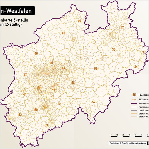 Nordrhein-Westfalen Postleitzahlenkarte 5-stellig PLZ-5 Vektorkarte PLZ-2 Landkreise, Autobahnen, Regierungsbezirke, Gewässer, Vektorkarte NRW, Karte NRW PLZ, Karte PLZ NRW, Karte Landkreise NRW