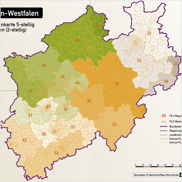 Nordrhein-Westfalen Postleitzahlenkarte 5-stellig PLZ-5 Vektorkarte PLZ-2 Landkreise, Autobahnen, Regierungsbezirke, Gewässer, Vektorkarte NRW, Karte NRW PLZ, Karte PLZ NRW, Karte Landkreise NRW