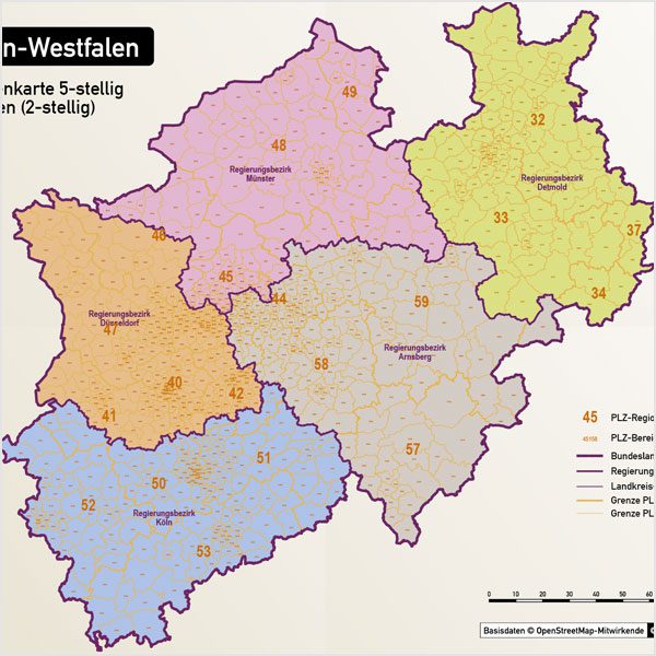 Nordrhein-Westfalen Postleitzahlenkarte 5-stellig PLZ-5 Vektorkarte PLZ-2 Landkreise, Autobahnen, Regierungsbezirke, Gewässer, Vektorkarte NRW, Karte NRW PLZ, Karte PLZ NRW, Karte Landkreise NRW