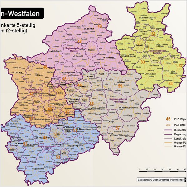 Nordrhein-Westfalen Postleitzahlenkarte 5-stellig PLZ-5 Vektorkarte PLZ-2 Landkreise, Autobahnen, Regierungsbezirke, Gewässer, Vektorkarte NRW, Karte NRW PLZ, Karte PLZ NRW, Karte Landkreise NRW