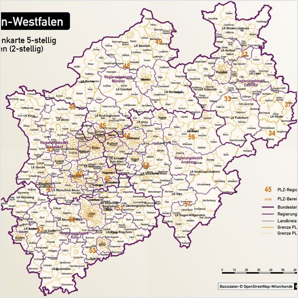 Nordrhein-Westfalen Postleitzahlenkarte 5-stellig PLZ-5 Vektorkarte PLZ-2 Landkreise, Autobahnen, Regierungsbezirke, Gewässer, Vektorkarte NRW, Karte NRW PLZ, Karte PLZ NRW, Karte Landkreise NRW