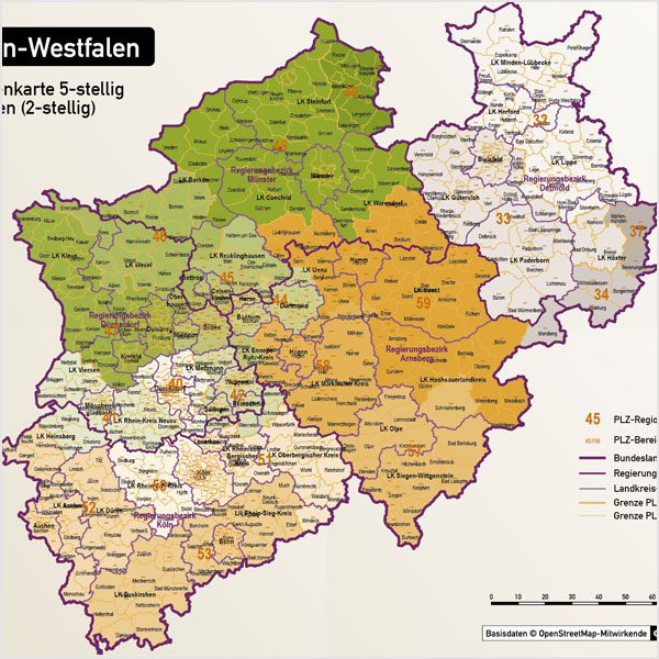 Nordrhein-Westfalen Postleitzahlenkarte 5-stellig PLZ-5 Vektorkarte PLZ-2 Landkreise, Autobahnen, Regierungsbezirke, Gewässer, Vektorkarte NRW, Karte NRW PLZ, Karte PLZ NRW, Karte Landkreise NRW