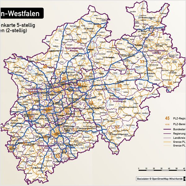 Nordrhein-Westfalen Postleitzahlenkarte 5-stellig PLZ-5 Vektorkarte PLZ-2 Landkreise, Autobahnen, Regierungsbezirke, Gewässer, Vektorkarte NRW, Karte NRW PLZ, Karte PLZ NRW, Karte Landkreise NRW