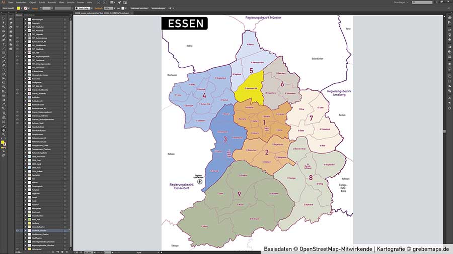 Essen Vektorkarte Stadtbezirke Stadtteile Topographie, Karte Essen Stadtbezirke, Karte Essen Stadtteile, Stadtteile Essen Karte download, Vektorkarte Essen Stadtteile download