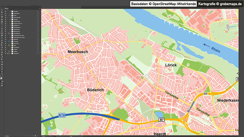 Düsseldorf-Mitte Übersichtskarte Vektorkarte, Karte Düsseldorf Mitte, Karte Düsseldorf Innenstadt, Karte Düsseldorf Zentrum, Karte Düsseldorf mit Gebäuden, Karte Düsseldorf AI-Datei download
