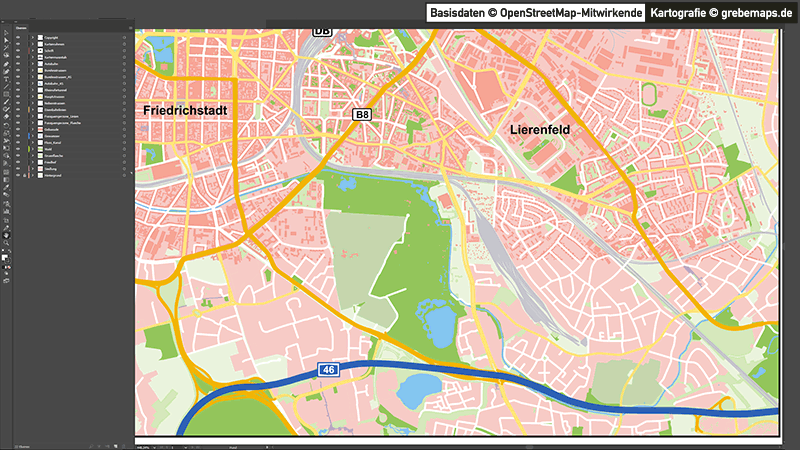 Düsseldorf-Mitte Übersichtskarte Vektorkarte, Karte Düsseldorf Mitte, Karte Düsseldorf Innenstadt, Karte Düsseldorf Zentrum, Karte Düsseldorf mit Gebäuden, Karte Düsseldorf AI-Datei download