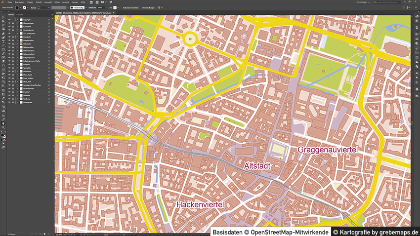 München-Zentrum mit Gebäuden Basiskarte Vektorkarte, Karte München, Vektorkarte München, Stadtplan München Innenstadt mit Gebäuden, Karte München AI-Datei download