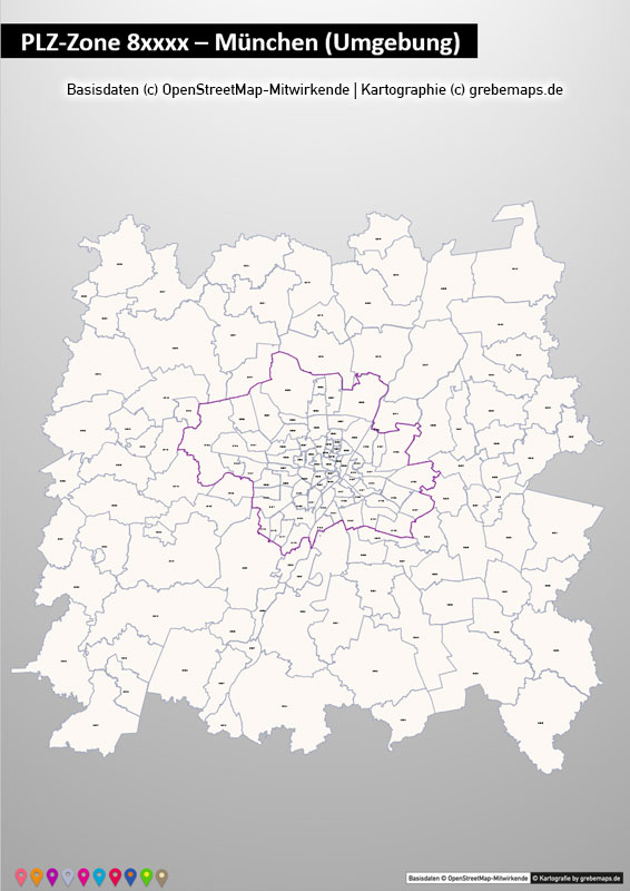 PowerPoint-Karte Deutschland Postleitzahlen 5-stellig PLZ-Zone-8 mit PLZ-5-Stadtkarte München, Karte Powerpoint PLZ Deutschland