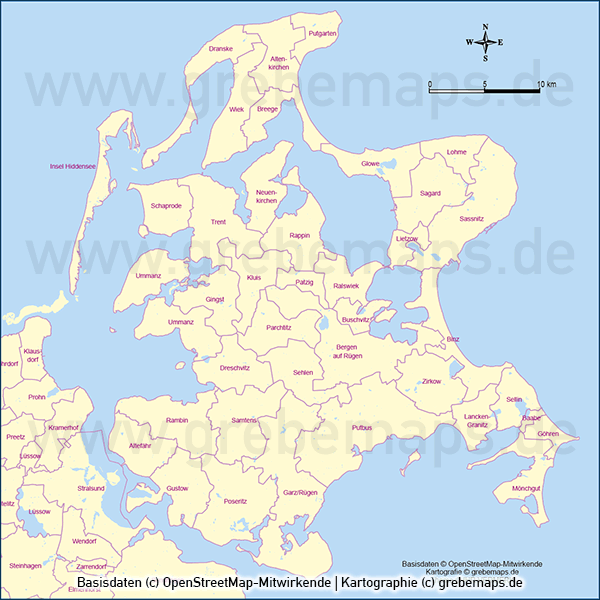 Rügen Gemeinden Vektorkarte, Karte Insel Rügen, Inselkarte Rügen, Vektorkarte Rügen, Karte Vektor Rügen, AI-Datei, download, Basiskarte, Übersichtskarte