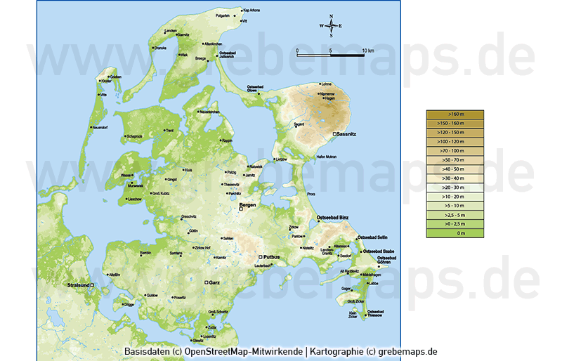 Rügen Vektorkarte Höhenschichten mit Gemeindegrenzen, Karte Insel Rügen, Basiskarte Rügen, Übersichtskarte Rügen mit Gemeindegrenzen, Vektorkarte Rügen download, Landkarte Rügen download, Karte Rügen für Print, AI-Datei, Inselkarte Rügen