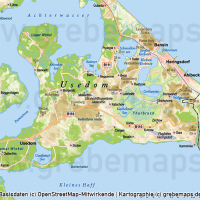 Usedom Inselkarte Vektorkarte Höhenschichten mit Gemeindegrenzen / Karte Insel Usedom / Basiskarte Usedom  / Übersichtskarte Usedom, Vektorkarte Usedom download, Inselkarte Usedom download Vektor AI, AI-Datei, Karte Insel Usedom Vektoren Gemeinden