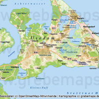 Usedom Inselkarte Vektorkarte Höhenschichten mit Gemeindegrenzen / Karte Insel Usedom / Basiskarte Usedom  / Übersichtskarte Usedom, Vektorkarte Usedom download, Inselkarte Usedom download Vektor AI, AI-Datei, Karte Insel Usedom Vektoren Gemeinden