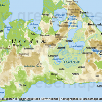 Usedom Inselkarte Vektorkarte Höhenschichten mit Gemeindegrenzen / Karte Insel Usedom / Basiskarte Usedom  / Übersichtskarte Usedom, Vektorkarte Usedom download, Inselkarte Usedom download Vektor AI, AI-Datei, Karte Insel Usedom Vektoren Gemeinden