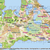 Usedom Inselkarte Vektorkarte Höhenschichten mit Gemeindegrenzen / Karte Insel Usedom / Basiskarte Usedom  / Übersichtskarte Usedom, Vektorkarte Usedom download, Inselkarte Usedom download Vektor AI, AI-Datei, Karte Insel Usedom Vektoren Gemeinden