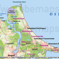 Usedom Inselkarte Vektorkarte Höhenschichten mit Gemeindegrenzen / Karte Insel Usedom / Basiskarte Usedom  / Übersichtskarte Usedom, Vektorkarte Usedom download, Inselkarte Usedom download Vektor AI, AI-Datei, Karte Insel Usedom Vektoren Gemeinden