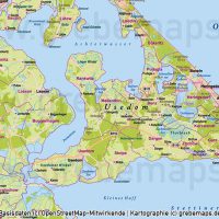 Usedom Vektorkarte Topographie mit Gemeindegrenzen, Karte Usedom Vektor download, Inselkarte Usedom AI-Datei, Inselkarte Usedom download, Karte Usedom download, Karte Vektor Usedom