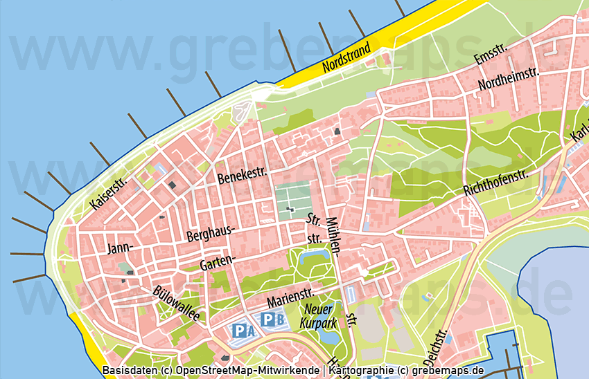 Norderney Ortsplan mit Gebäuden Vektorkarte - grebemaps® B2B-KartenShop