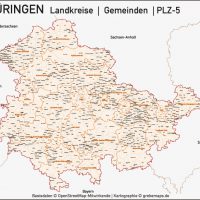 Thüringen Landkreise Gemeinden Postleitzahlen PLZ-5 Vektorkarte, Karte Thüringen Landkreise, Karte Thüringen Gemeinden, Karte Thüringen Postleitzahlen, Karte Thüringen PLZ-5, Karte Thüringen PLZ 5-stellig, Bundeslandkarte Thüringen