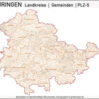 Thüringen Landkreise Gemeinden Postleitzahlen PLZ-5 Vektorkarte, Karte Thüringen Landkreise, Karte Thüringen Gemeinden, Karte Thüringen Postleitzahlen, Karte Thüringen PLZ-5, Karte Thüringen PLZ 5-stellig, Bundeslandkarte Thüringen