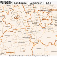 Thüringen Landkreise Gemeinden Postleitzahlen PLZ-5 Vektorkarte, Karte Thüringen Landkreise, Karte Thüringen Gemeinden, Karte Thüringen Postleitzahlen, Karte Thüringen PLZ-5, Karte Thüringen PLZ 5-stellig, Bundeslandkarte Thüringen