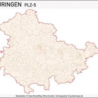 Thüringen Landkreise Gemeinden Postleitzahlen PLZ-5 Vektorkarte, Karte Thüringen Landkreise, Karte Thüringen Gemeinden, Karte Thüringen Postleitzahlen, Karte Thüringen PLZ-5, Karte Thüringen PLZ 5-stellig, Bundeslandkarte Thüringen