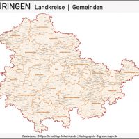 Thüringen Landkreise Gemeinden Postleitzahlen PLZ-5 Vektorkarte, Karte Thüringen Landkreise, Karte Thüringen Gemeinden, Karte Thüringen Postleitzahlen, Karte Thüringen PLZ-5, Karte Thüringen PLZ 5-stellig, Bundeslandkarte Thüringen