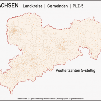 Sachsen Landkreise Gemeinden Postleitzahlen PLZ-5 Vektorkarte, Karte Sachsen Landkreise, Karte Sachsen Gemeinden, Karte Sachsen PLZ, Karte Sachsen Postleitzahlen, Karte Sachsen PLZ-5, Karte Sachsen PLZ 5-stellig, Bundelandkarte Sachsen, Vektorkarte Sachsen, Karte Vektor Sachsen