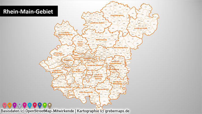 PowerPoint-Karte Rhein-Main-Gebiet Postleitzahlen PLZ-5 (PLZ 5-stellig) mit Landkreisen, Karte PowerPoint Rhein-Main-Gebiet PLZ Landkreise, PowerPoint-Landkarte Rhein-Main PLZ
