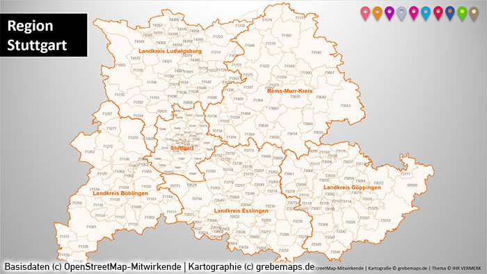 PowerPoint-Karte Region Stuttgart Postleitzahlen PLZ-5 (PLZ 5-stellig