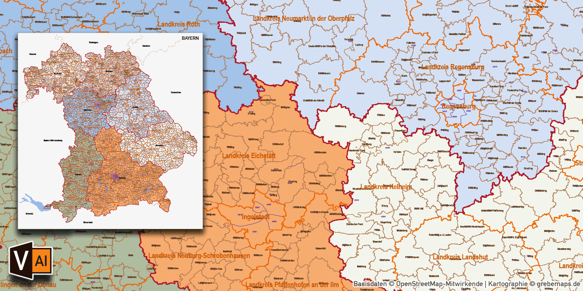 Karte Bayern Gemeinden Landkreise Regierungsbezirke Postleitzahlen PLZ-5 (5-stellig), Vektorkarte, Vektordaten, AI-Datei, download