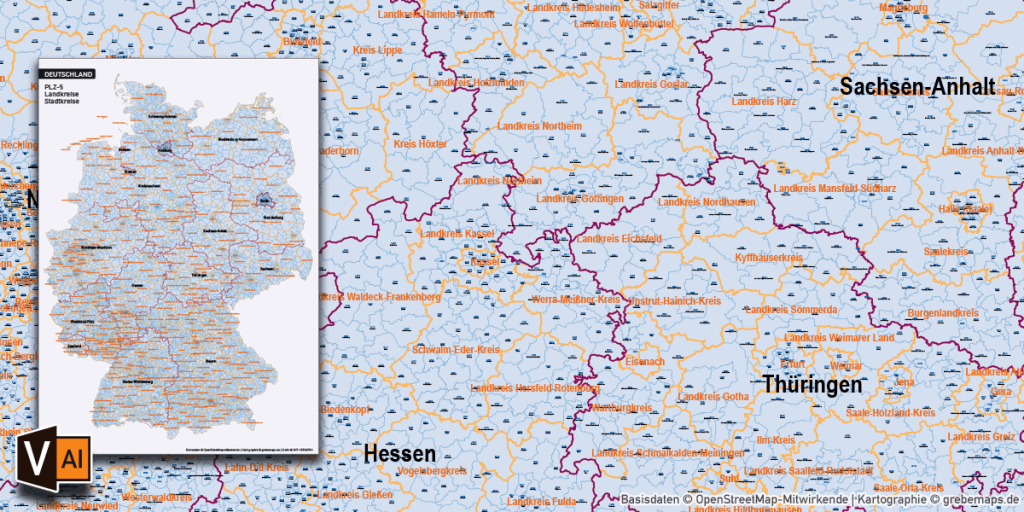 Postleitzahlenkarte Deutschland Vektordaten, PLZKarte Deutschland als DownloadLink grebemaps