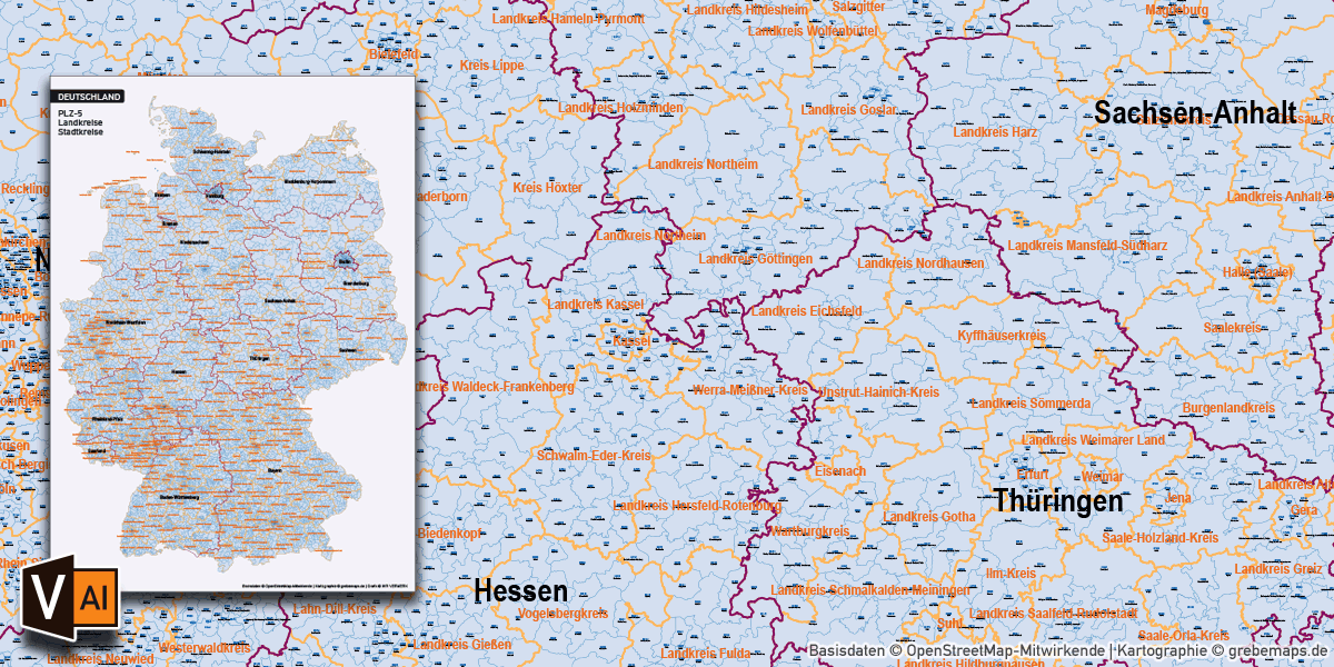 Postleitzahlenkarte Deutschland Vektordaten, Vektorkarte Deutschland PLZ, PLZ-Karte Deutschland Vektoren download, PLZ-Karte Deutschland download