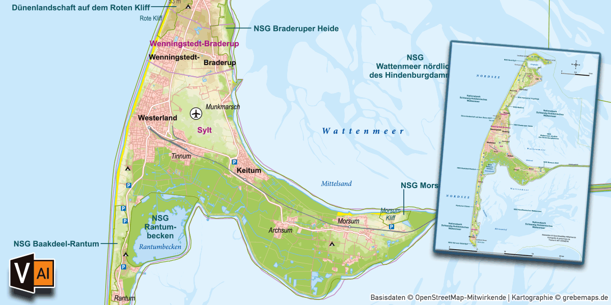 Karte Sylt, Karte Insel Sylt, Inselkarte Sylt, Vektorkarte Sylt, Landkarte Sylt, Karte Vektor Sylt, Karte Sylt für Print download, Karte Sylt AI-Datei