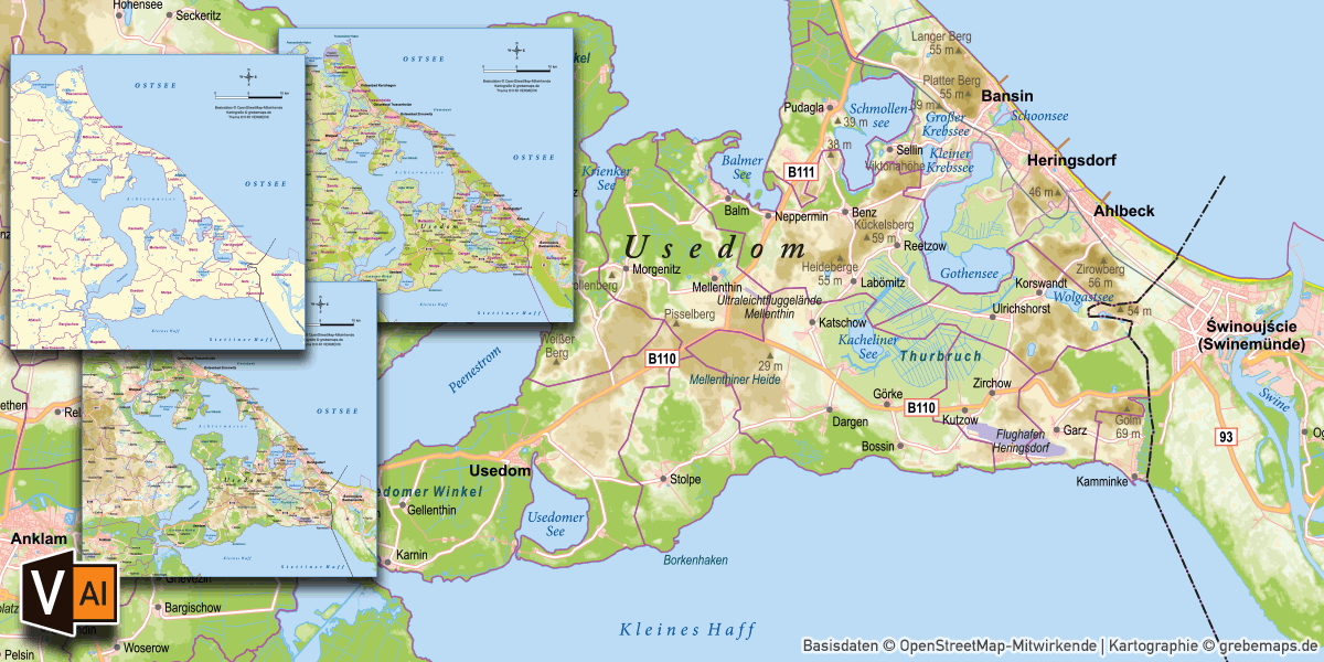 Karte Insel Usedom, Inselkarte Usedom, Vektorkarte Usedom, AI-Datei, download