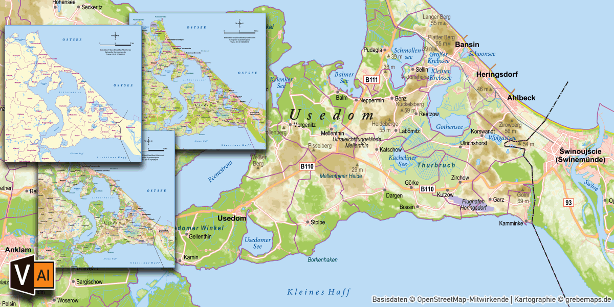 Karte Usedom, Inselkarte Usedom, Karte Usedom Vektor, Vektorkarte Usedom download, Karte Insel Usedom download