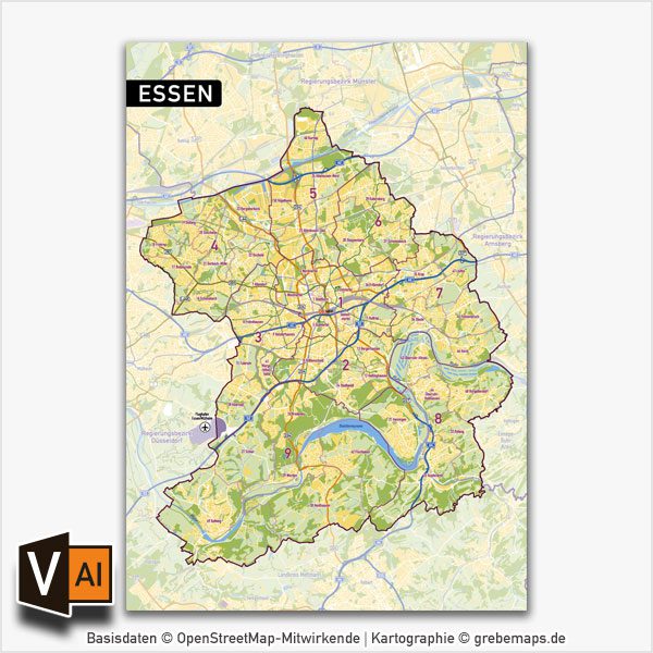 Essen Vektorkarte Stadtbezirke Stadtteile Topographie, Karte Essen Stadtbezirke, Karte Essen Stadtteile, Stadtteile Essen Karte download, Vektorkarte Essen Stadtteile download