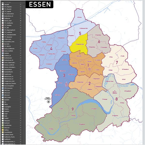 Essen Vektorkarte Stadtbezirke Stadtteile Topographie, Karte Essen Stadtbezirke, Karte Essen Stadtteile, Stadtteile Essen Karte download, Vektorkarte Essen Stadtteile download