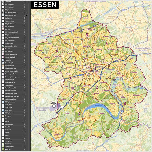 Essen Vektorkarte Stadtbezirke Stadtteile Topographie, Karte Essen Stadtbezirke, Karte Essen Stadtteile, Stadtteile Essen Karte download, Vektorkarte Essen Stadtteile download