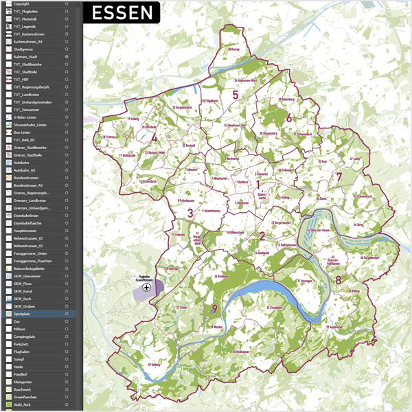 Essen Vektorkarte Stadtbezirke Stadtteile Topographie, Karte Essen Stadtbezirke, Karte Essen Stadtteile, Stadtteile Essen Karte download, Vektorkarte Essen Stadtteile download