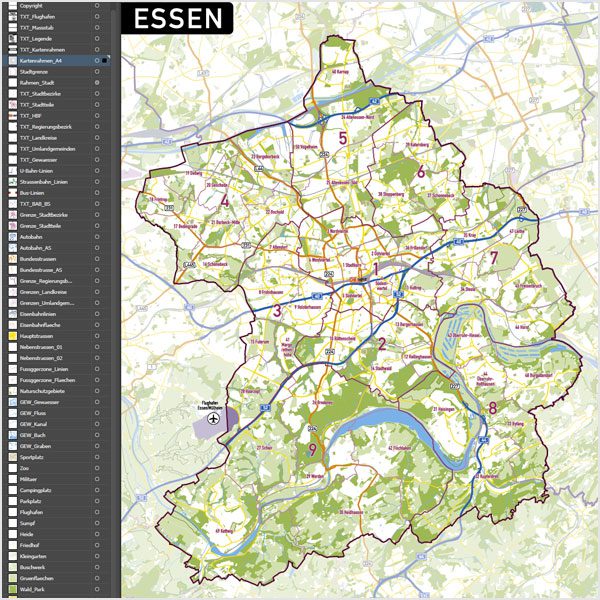 Essen Vektorkarte Stadtbezirke Stadtteile Topographie, Karte Essen Stadtbezirke, Karte Essen Stadtteile, Stadtteile Essen Karte download, Vektorkarte Essen Stadtteile download