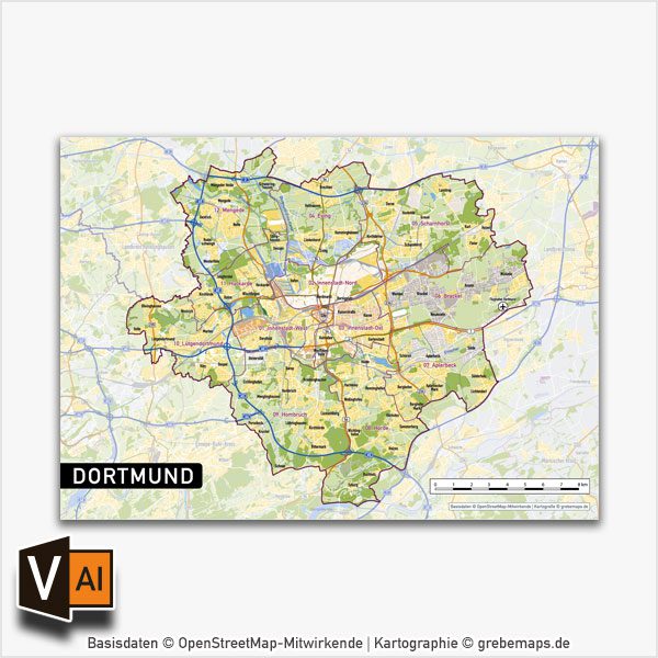 Dortmund Vektorkarte Stadtbezirke Topographie, Karte Dortmund, Vektorkarte Dortmund Stadtbezirke, Stadtkarte Dortmund, Karte Dortmund AI-Datei download